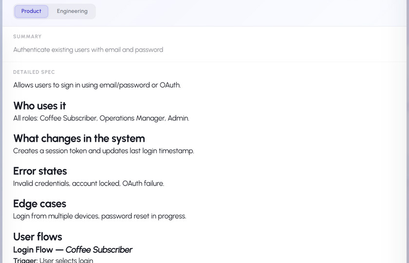 The User Login feature's Living Spec, Product view: a summary, who uses it, what changes in the system, error states and edge cases
